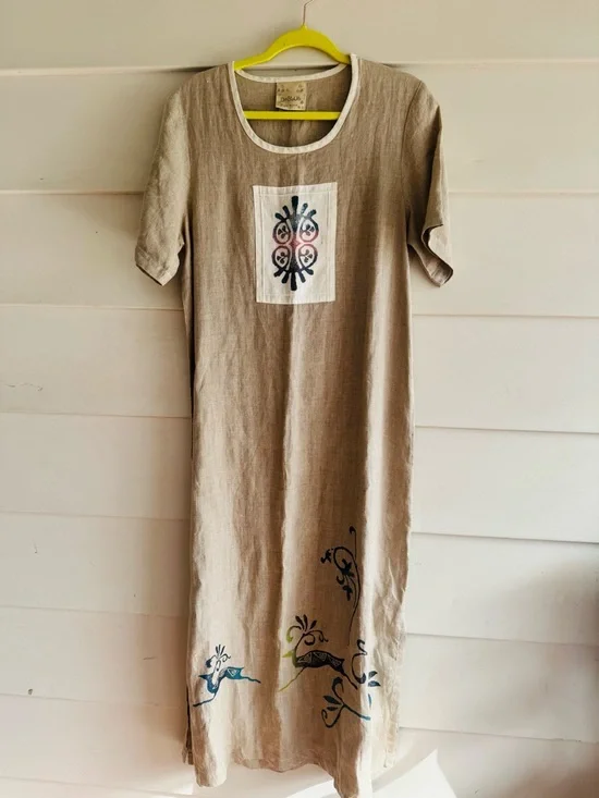 D Blue Vintage 100% Linen Ink Stamped Maxi Dress M - Picture 1 of 7
